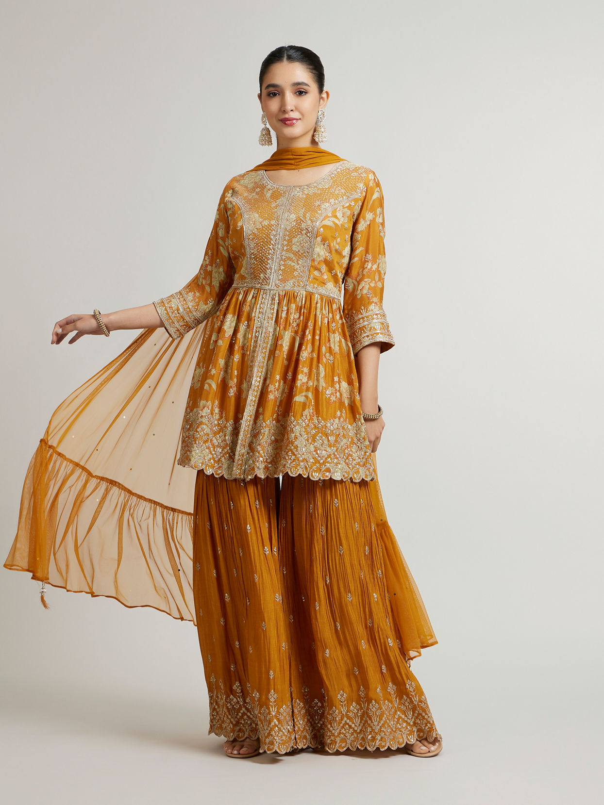 alt message - Mohey Women Mustard Chinon Palazzo Suit Ensemble Stitched Suit image number 0