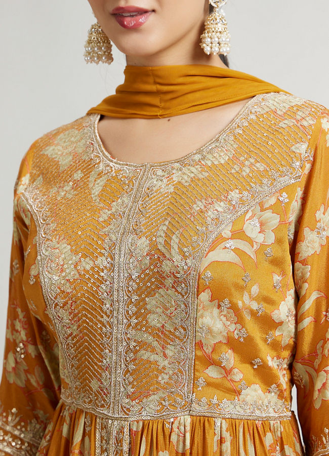 Mohey Women Mustard Chinon Palazzo Suit Ensemble Sharara Suit