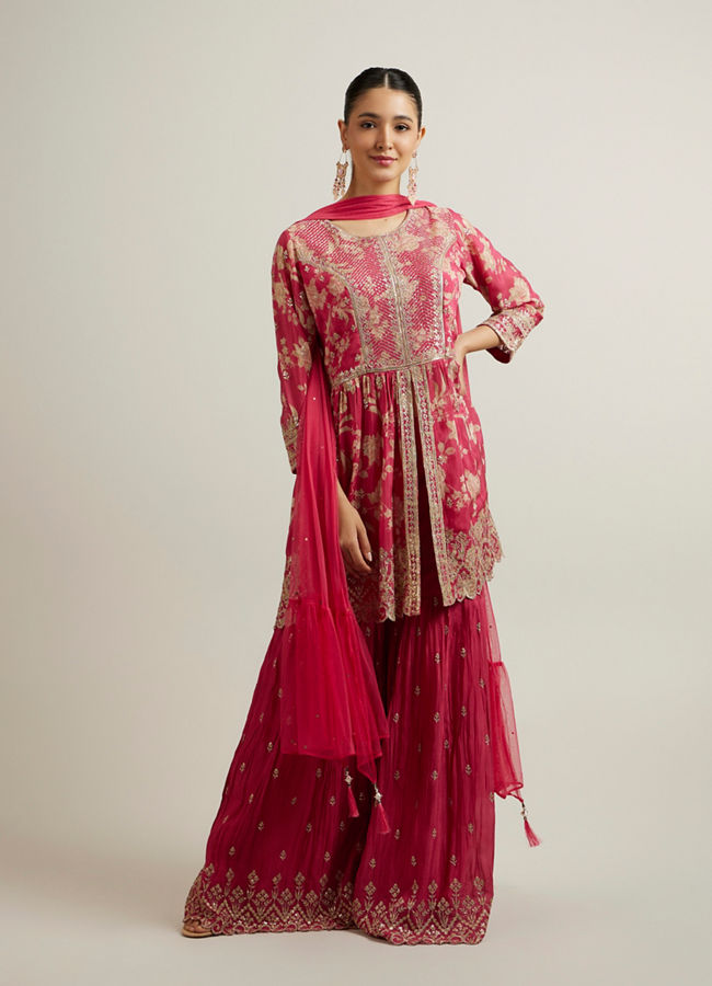 Mohey Women Rani Pink Floral Patterned Sequinned Sharara Suit
