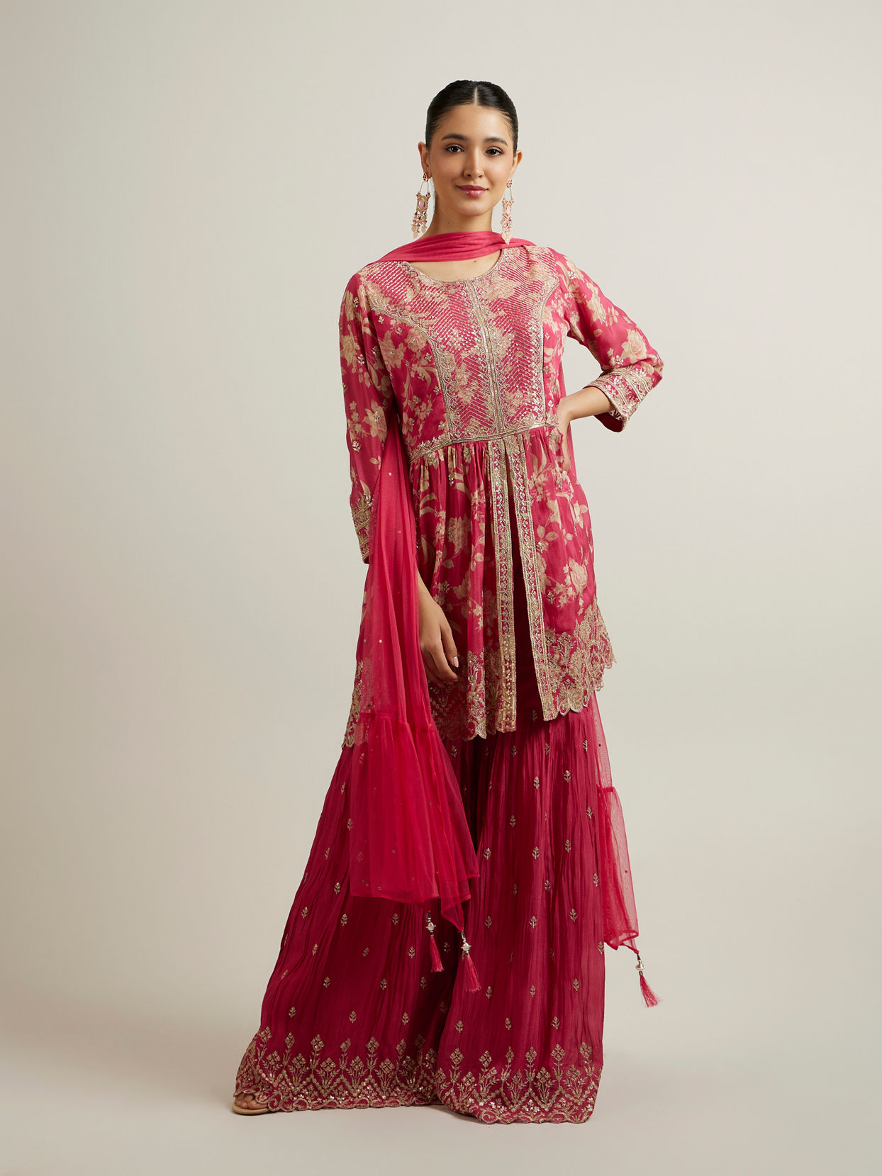 Mohey Women Rani Pink Floral Patterned Sequinned Sharara Suit