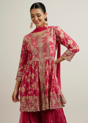 Mohey Women Rani Pink Floral Patterned Sequinned Sharara Suit