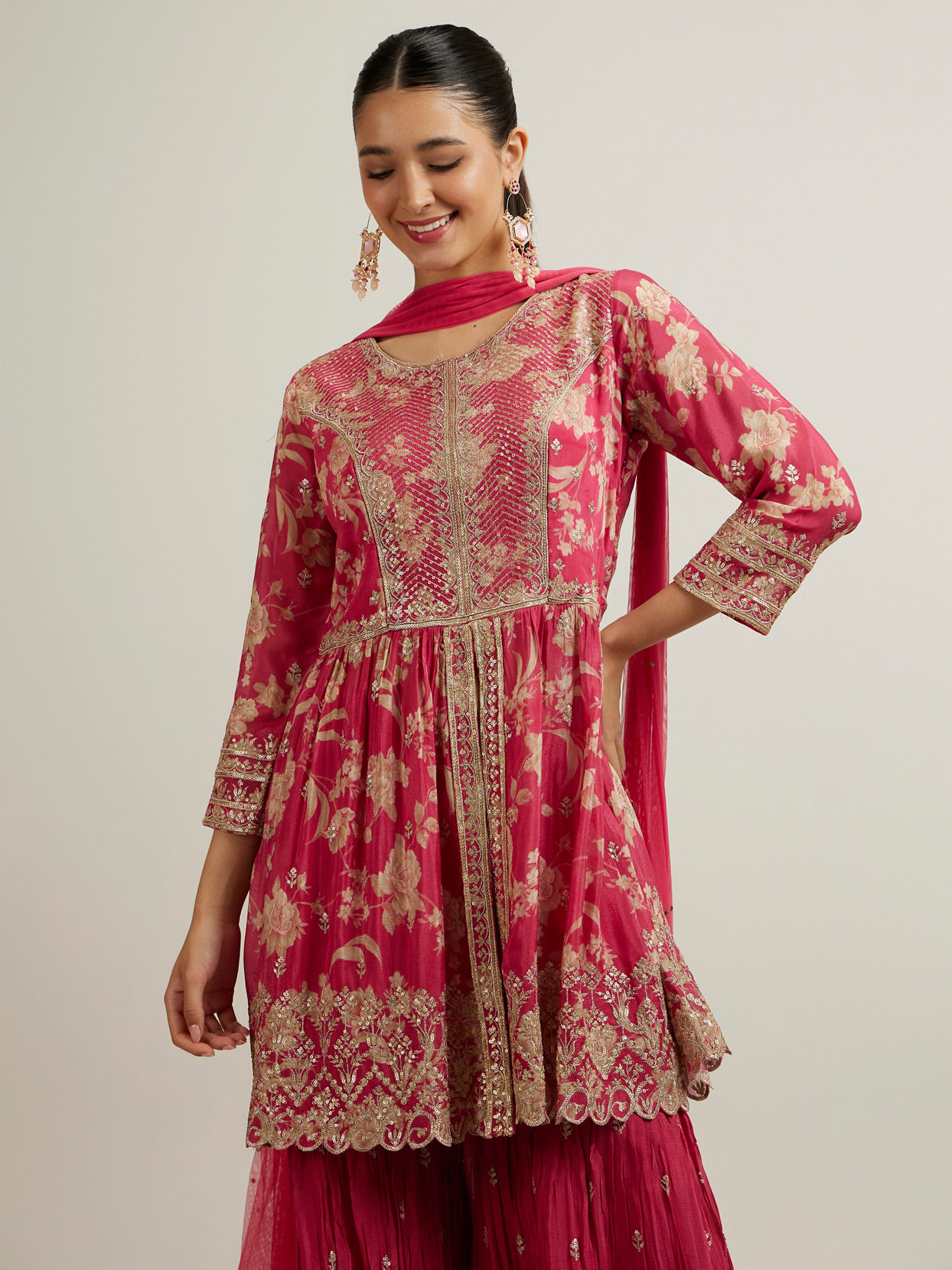 Mohey Women Rani Pink Floral Patterned Sequinned Sharara Suit