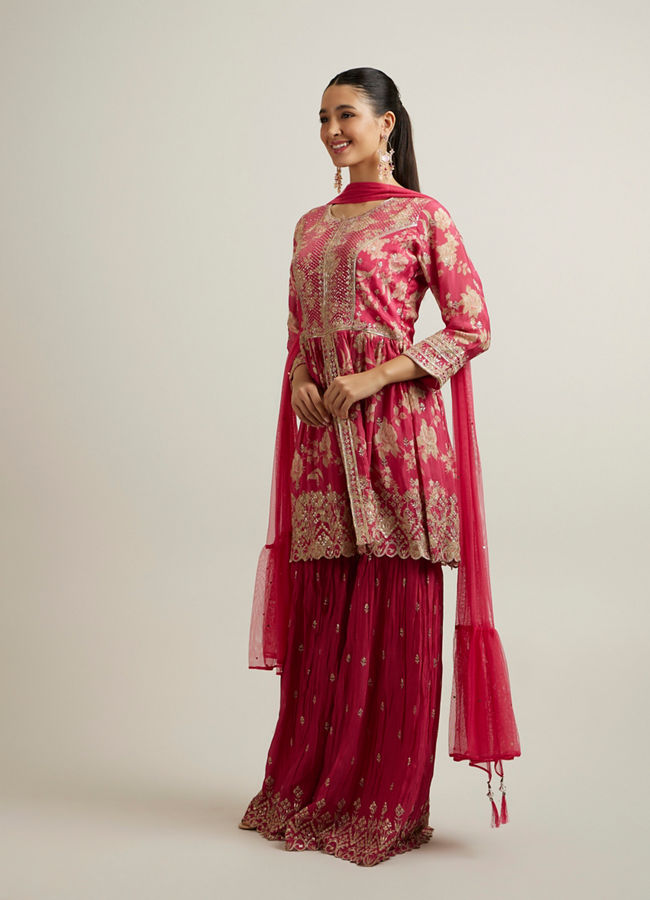 Mohey Women Rani Pink Floral Patterned Sequinned Sharara Suit