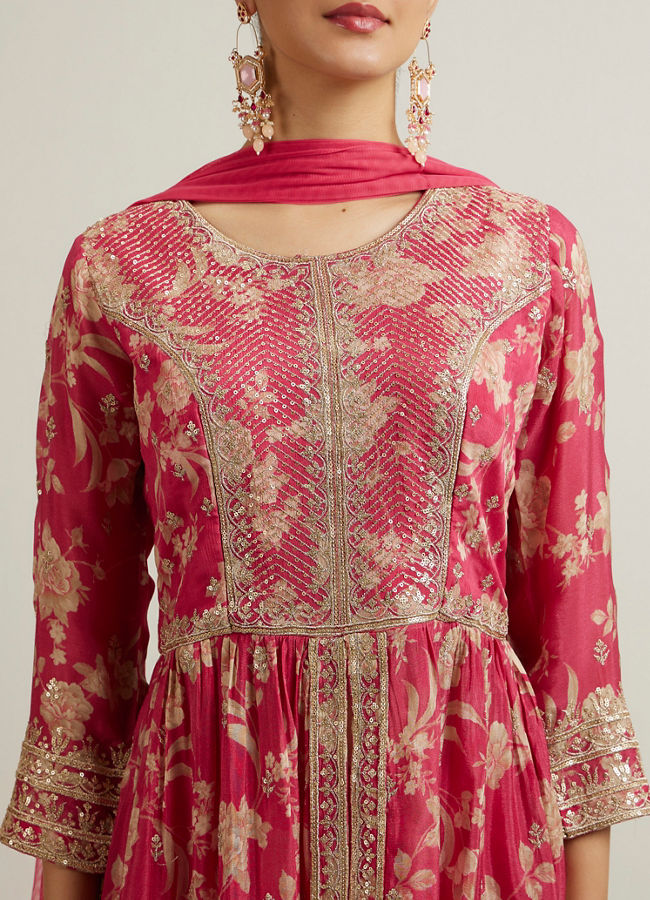 Mohey Women Rani Pink Floral Patterned Sequinned Sharara Suit