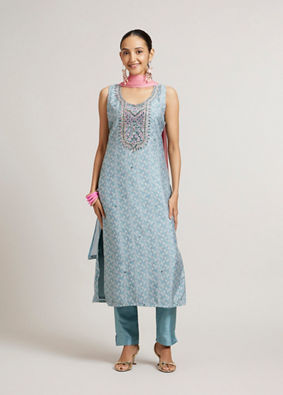 Mohey Women Sea Green Bel Buti Patterned Straight Suit Set with Sequin Work