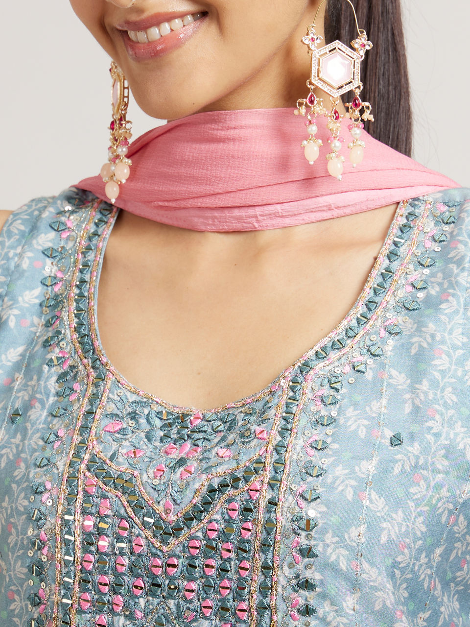 Mohey Women Sea Green Bel Buti Patterned Straight Suit Set with Sequin Work