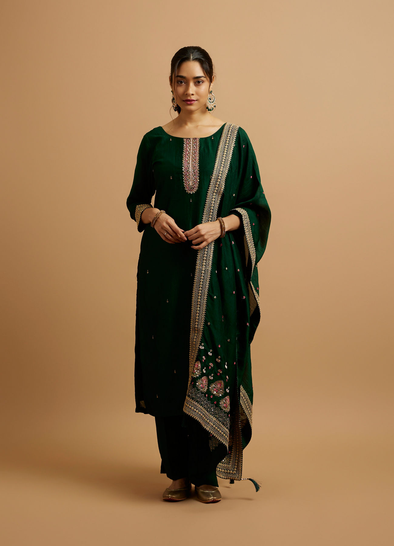 Mohey Women Bottle Green Floral Buta Patterned Straight Suit