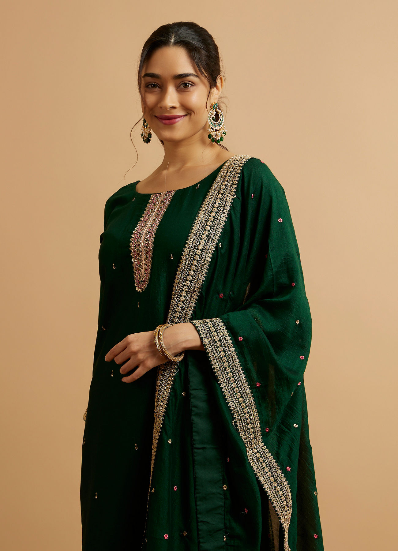 Mohey Women Bottle Green Floral Buta Patterned Straight Suit