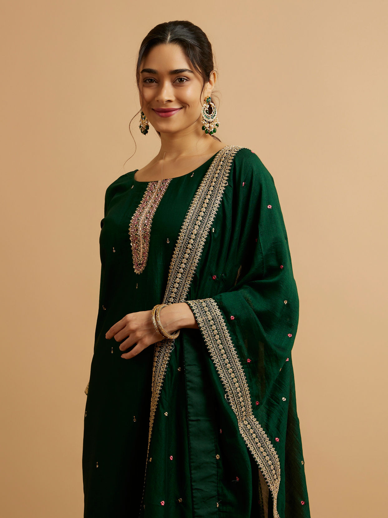 Mohey Women Bottle Green Floral Buta Patterned Straight Suit