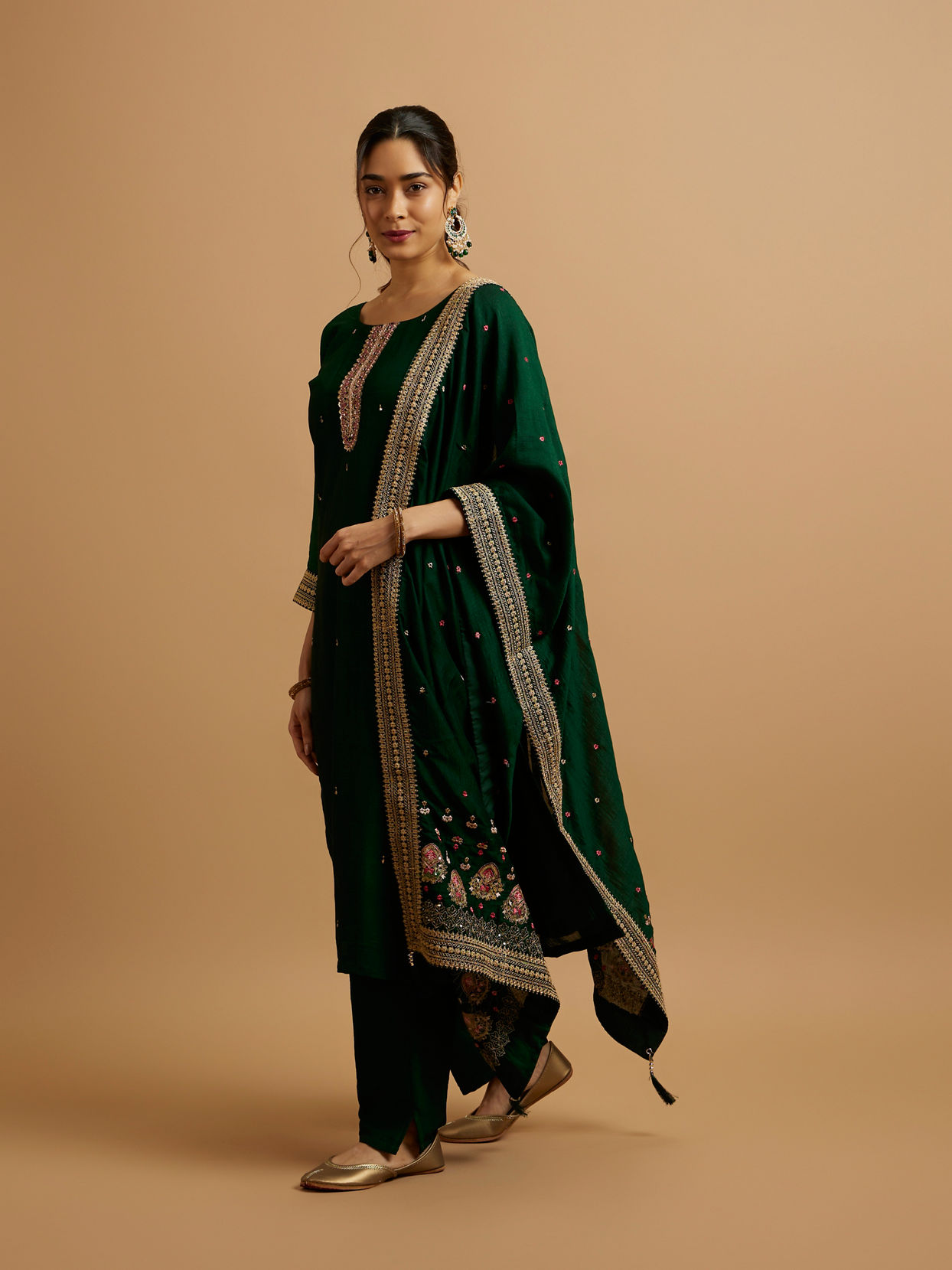 Mohey Women Bottle Green Floral Buta Patterned Straight Suit