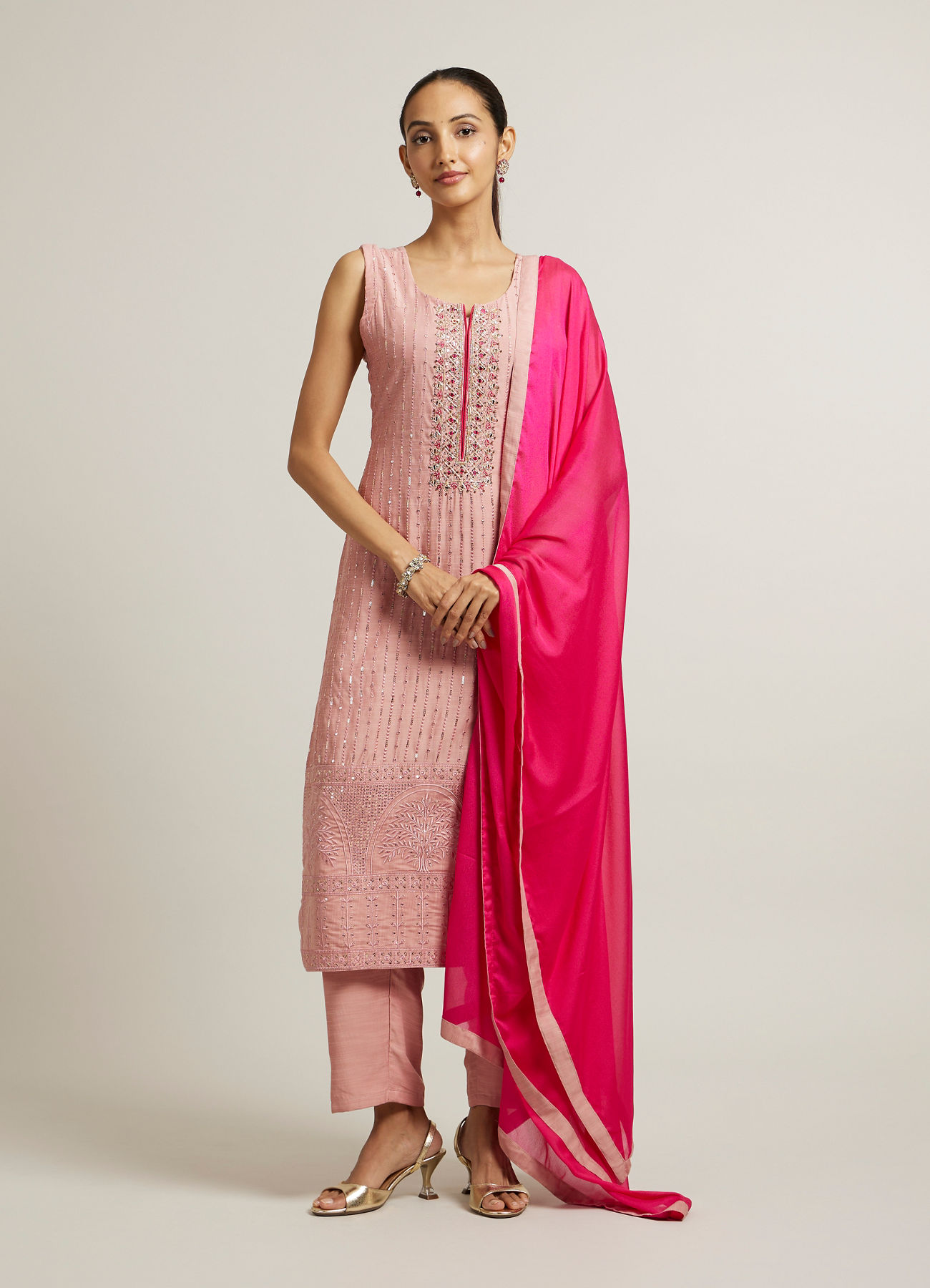 Mohey Women Light Pink Stitched Suit with Mirror & Sequin Embellishments