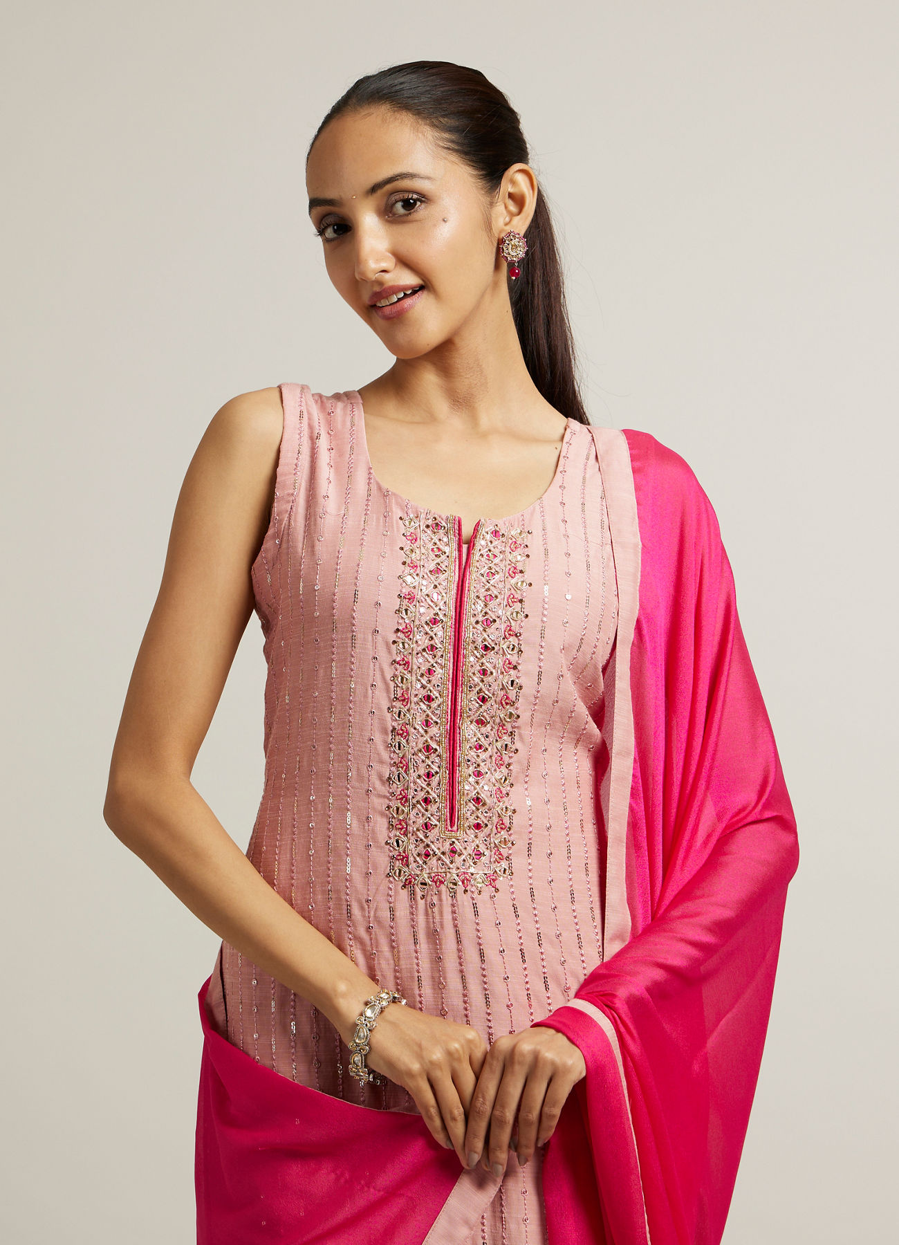 Mohey Women Light Pink Stitched Suit with Mirror & Sequin Embellishments