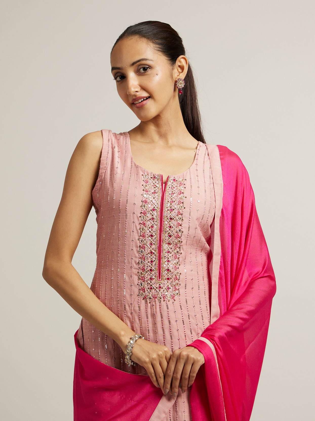 Mohey Women Light Pink Straight Suit with Mirror & Sequin Embellishments