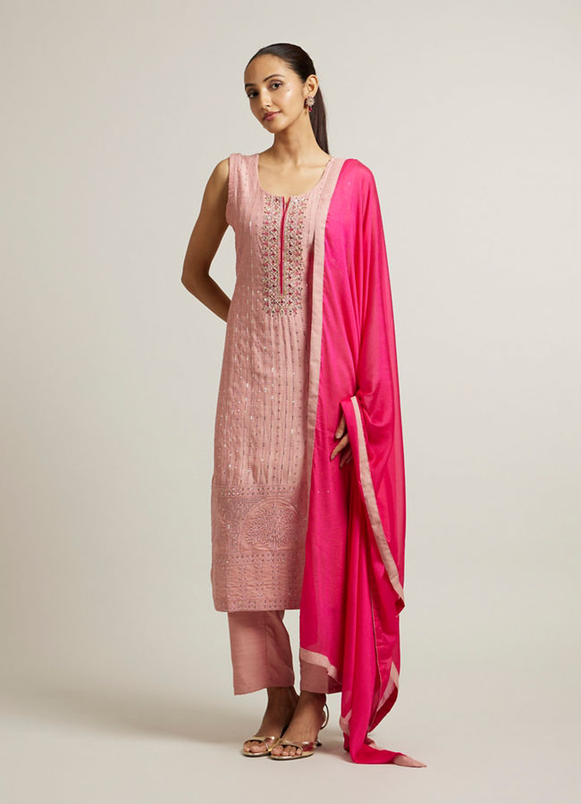 Mohey Women Light Pink Straight Suit with Mirror & Sequin Embellishments