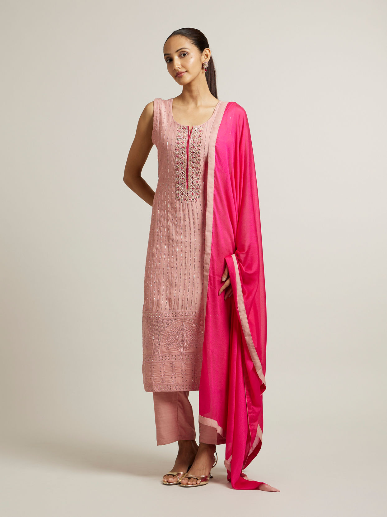 Mohey Women Light Pink Straight Suit with Mirror & Sequin Embellishments
