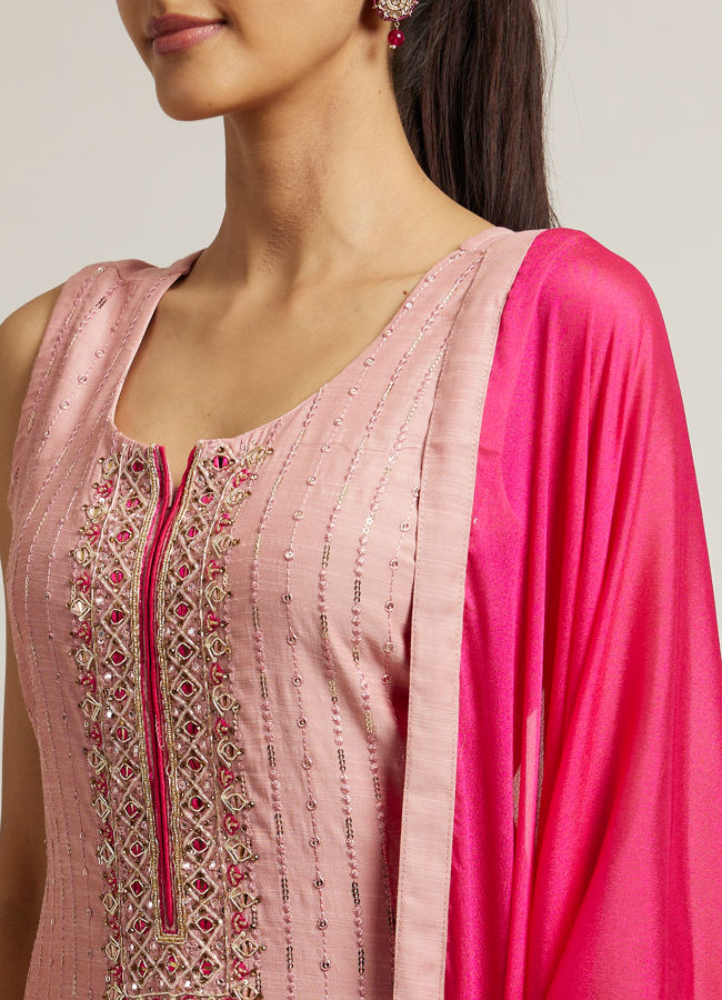 Mohey Women Light Pink Straight Suit with Mirror & Sequin Embellishments