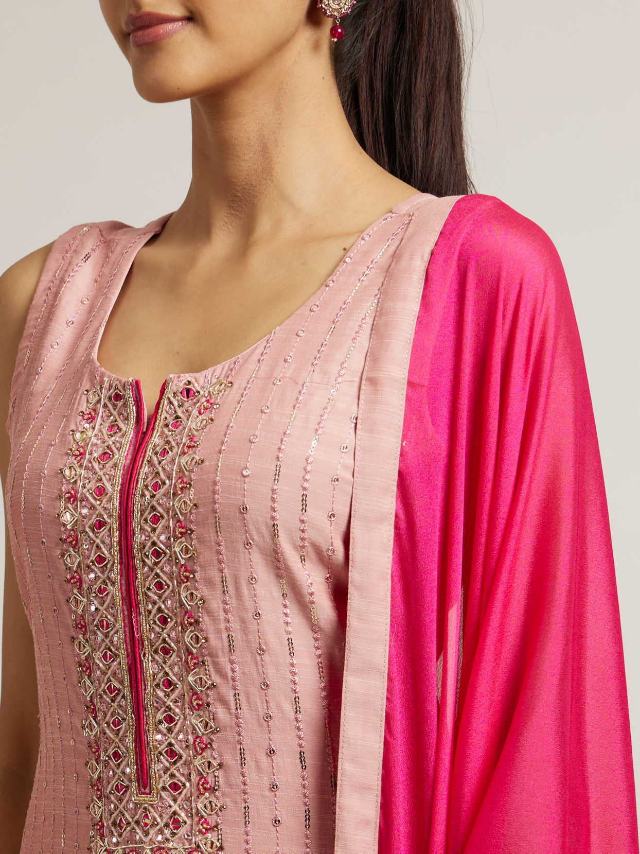 Mohey Women Light Pink Straight Suit with Mirror & Sequin Embellishments