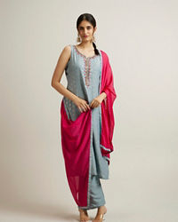 Mohey Women Light Blue Buta Patterned Straight Suit