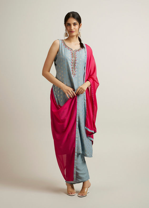 Mohey Women Light Blue Buta Patterned Straight Suit