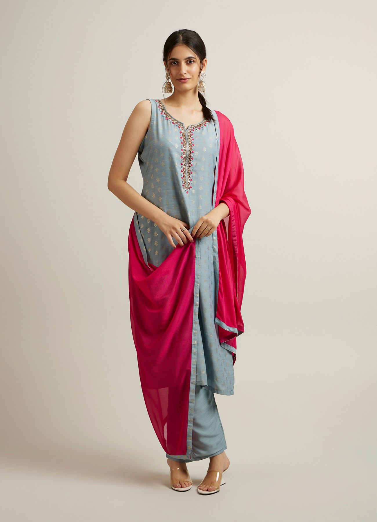 Mohey Women Light Blue Buta Patterned Straight Suit