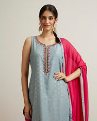 Mohey Women Light Blue Buta Patterned Straight Suit