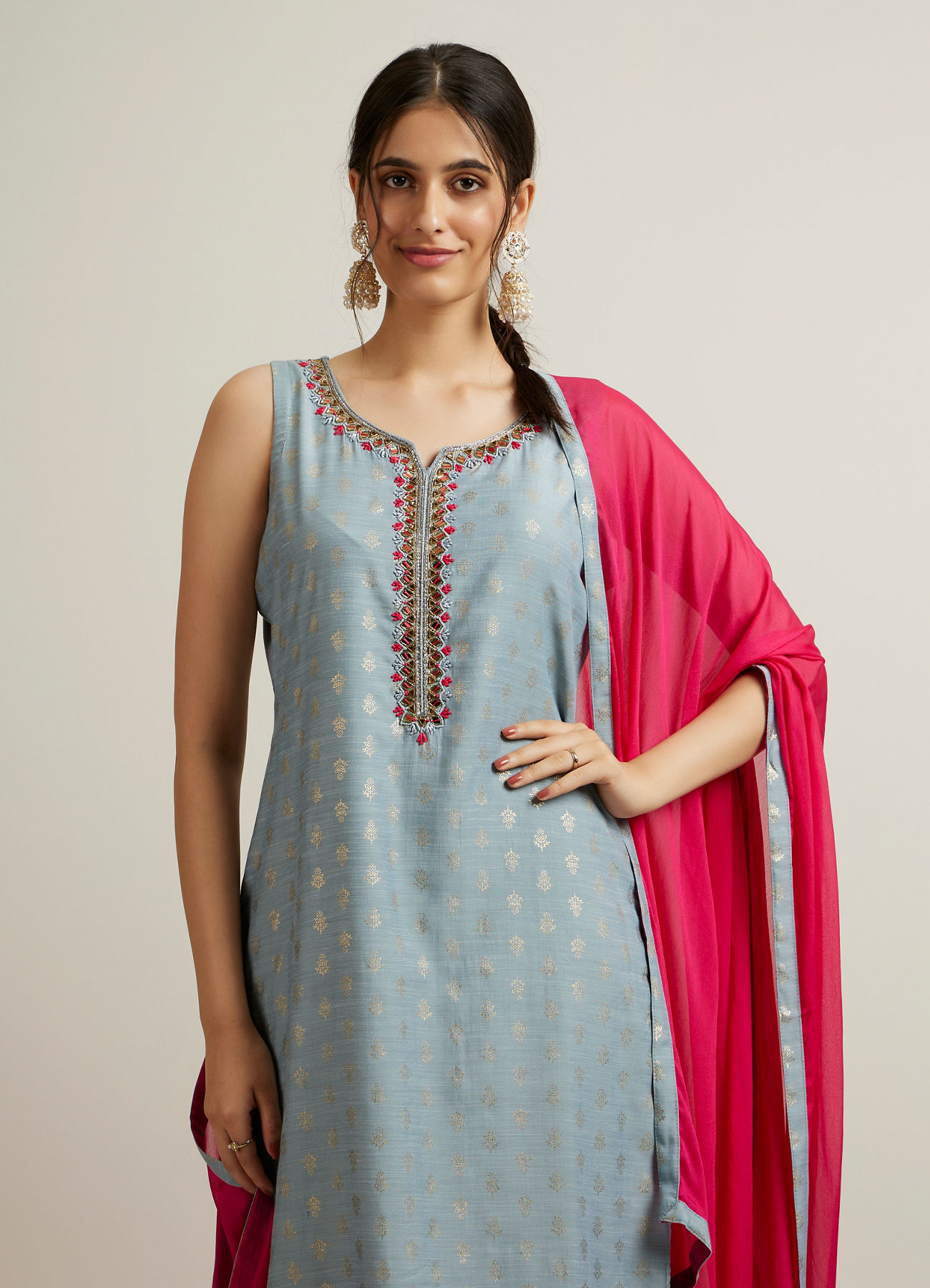 Mohey Women Light Blue Buta Patterned Straight Suit