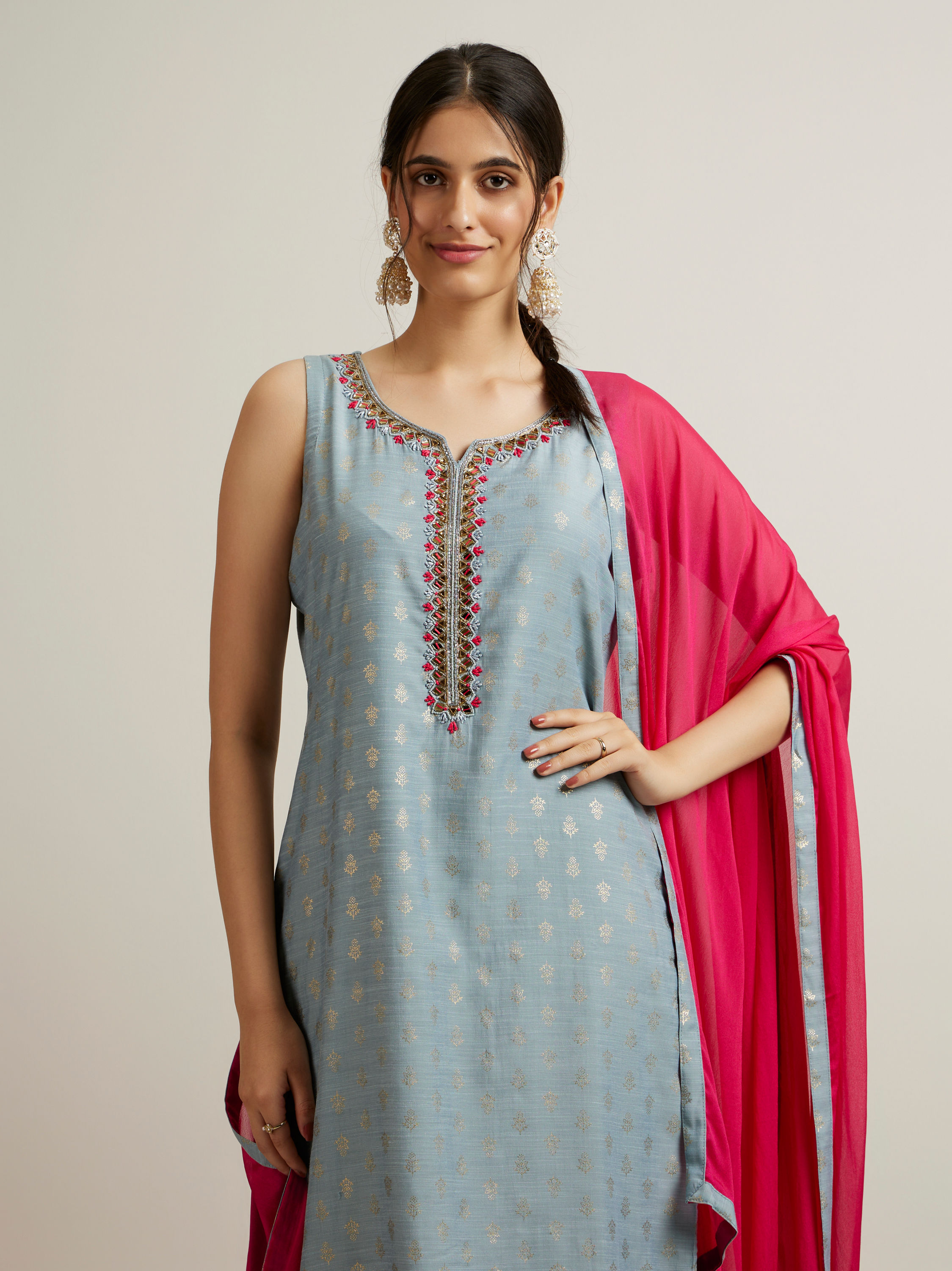 Mohey Women Light Blue Buta Patterned Straight Suit