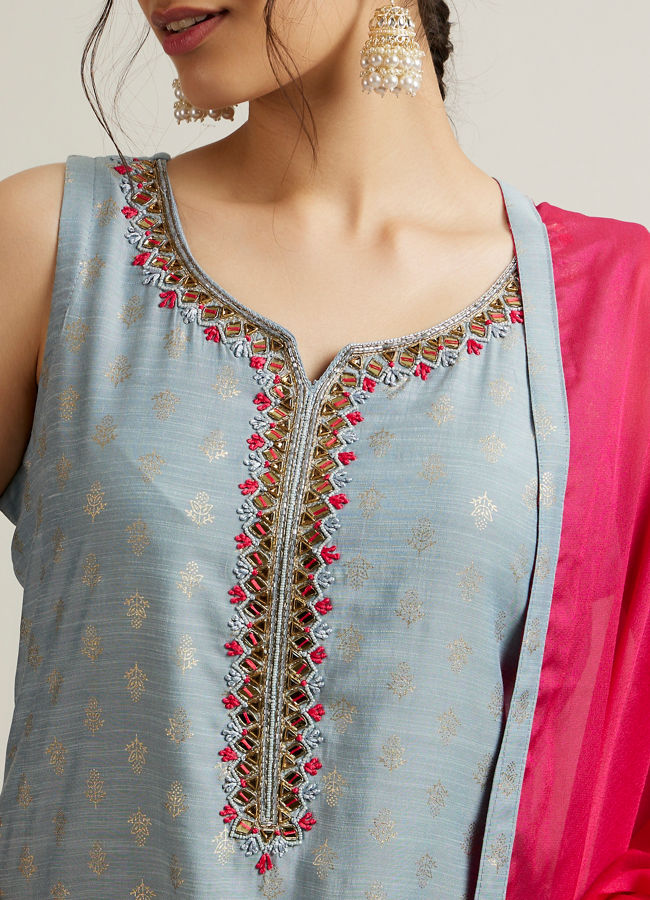 Mohey Women Light Blue Buta Patterned Straight Suit