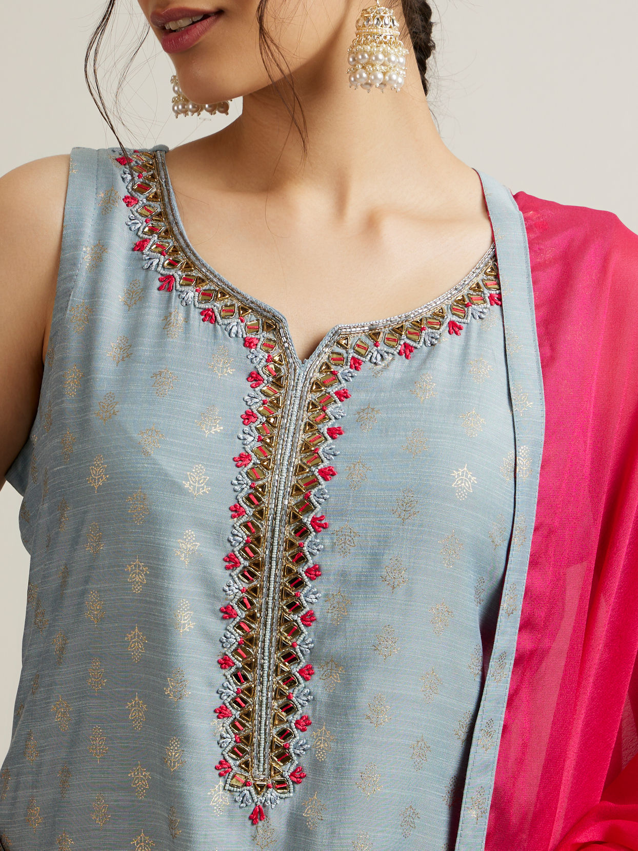 Mohey Women Light Blue Buta Patterned Straight Suit