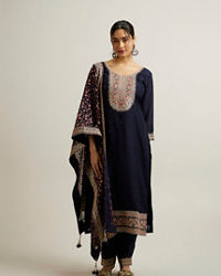 Mohey Women Indigo Blue Floral Embroidered Straight Suit