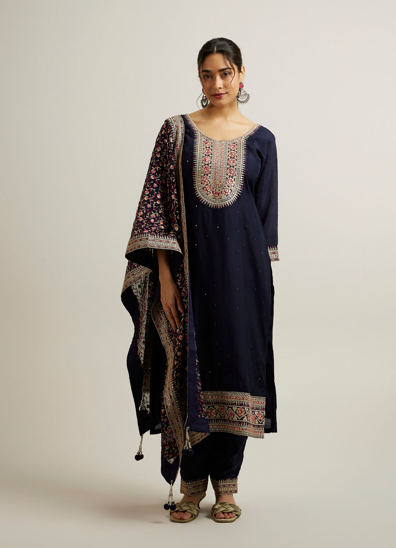 Mohey Women Indigo Blue Floral Embroidered Straight Suit