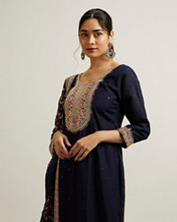 Mohey Women Indigo Blue Floral Embroidered Straight Suit