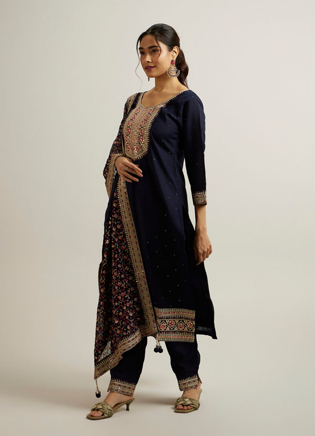 Mohey Women Indigo Blue Floral Embroidered Straight Suit