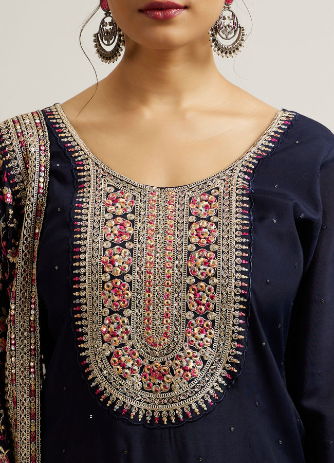 Mohey Women Indigo Blue Floral Embroidered Straight Suit