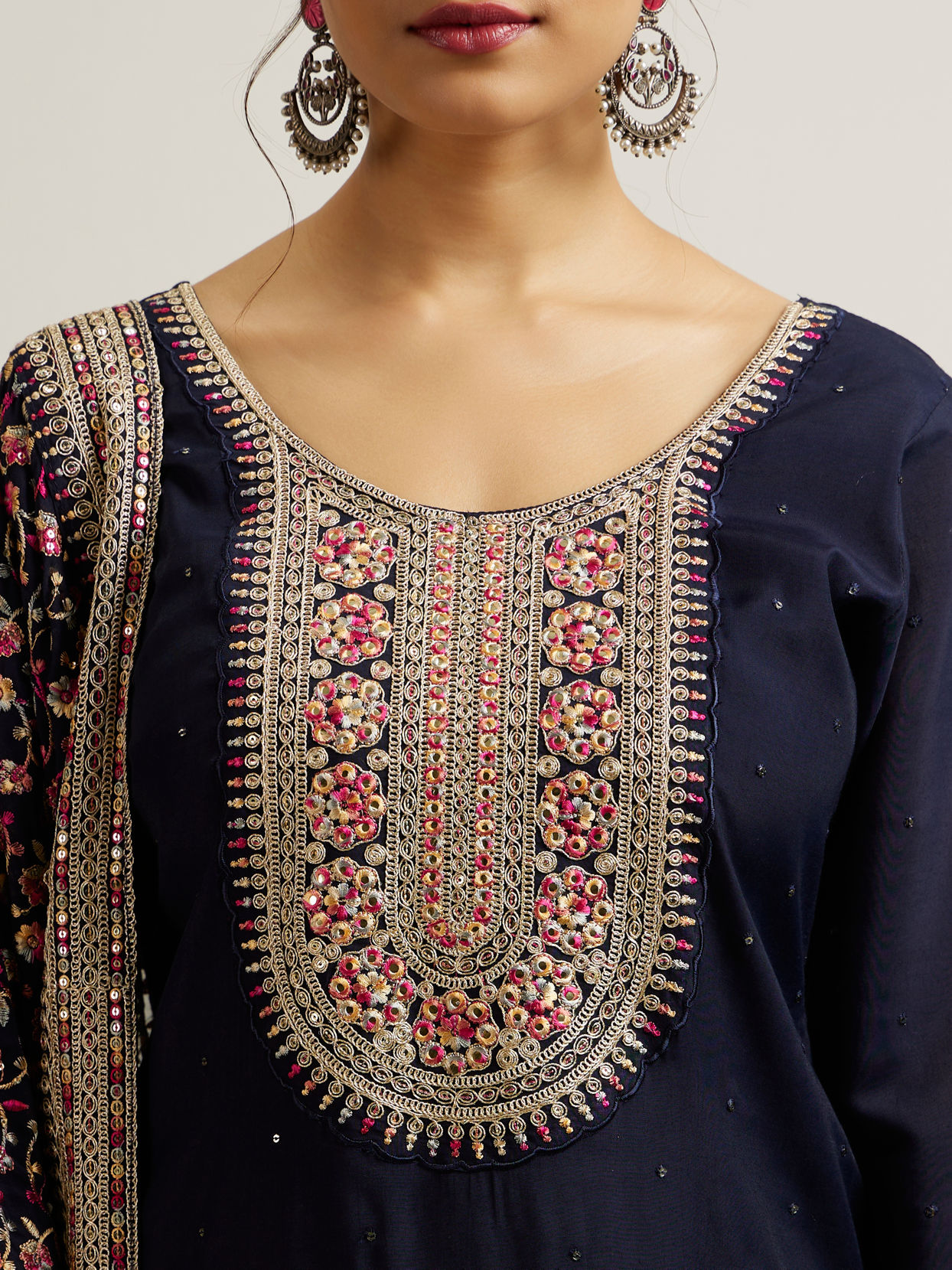 Mohey Women Indigo Blue Floral Embroidered Straight Suit