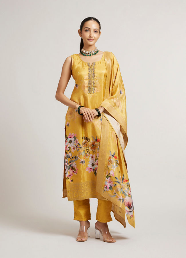 Mohey Women Mustard Yellow Floral Printed Straight Suit Set with Sequin & Zari Work