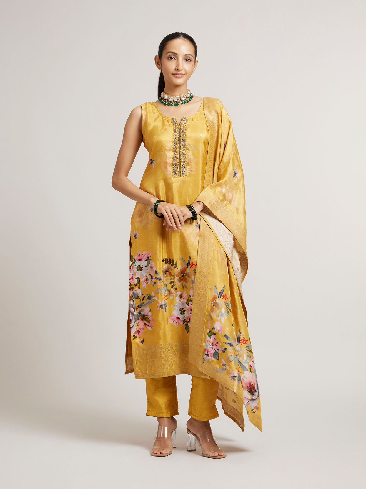 alt message - Mohey Women Mustard Yellow Floral Printed Stitched Suit Set with Sequin & Zari Work image number 0