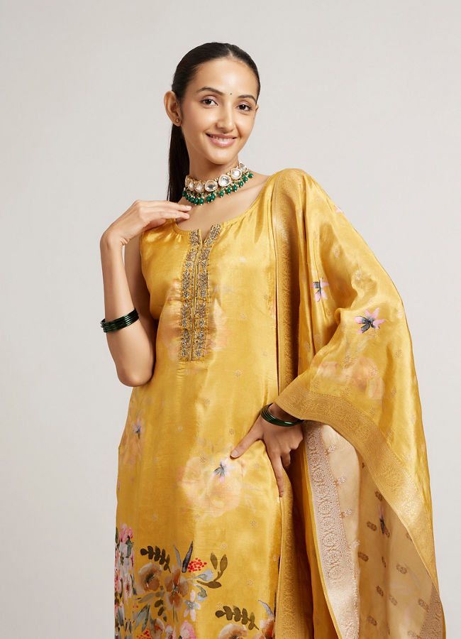 alt message - Mohey Women Mustard Yellow Floral Printed Stitched Suit Set with Sequin & Zari Work image number 1