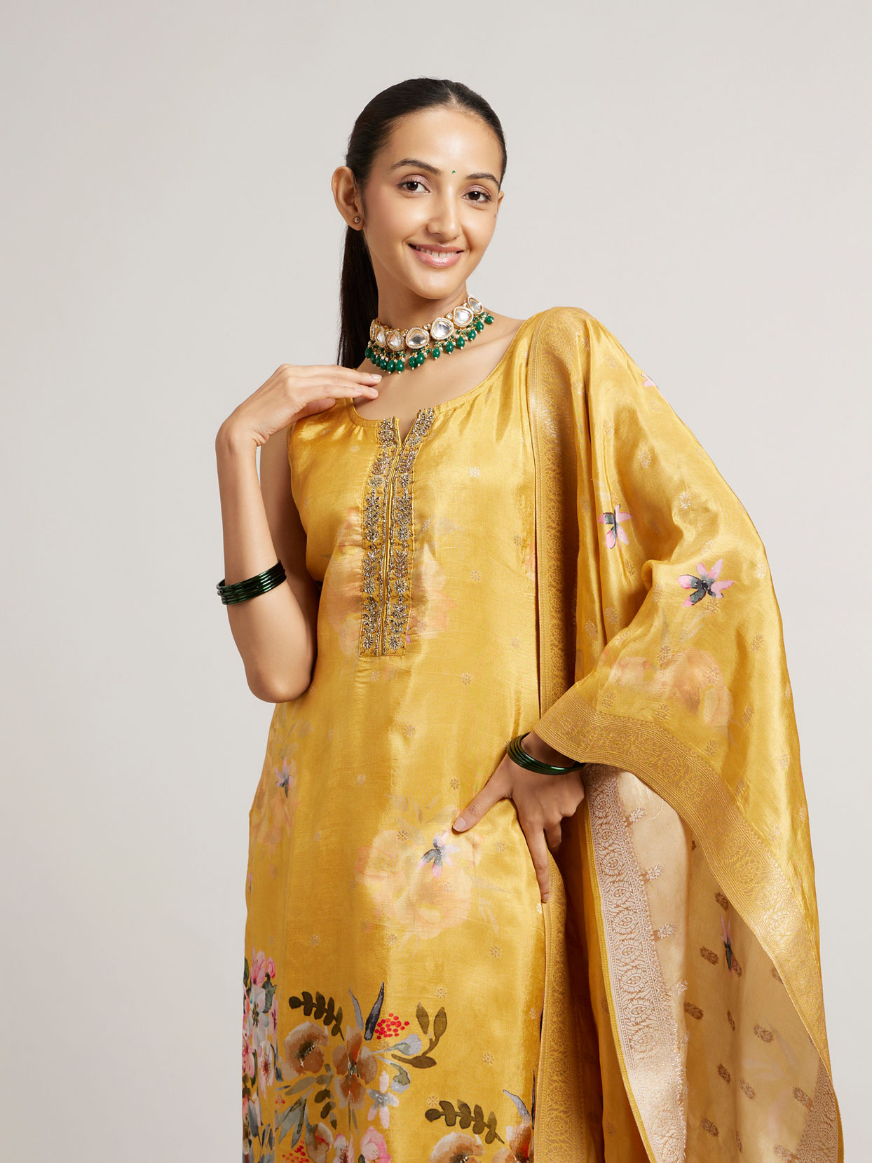 alt message - Mohey Women Mustard Yellow Floral Printed Stitched Suit Set with Sequin & Zari Work image number 1