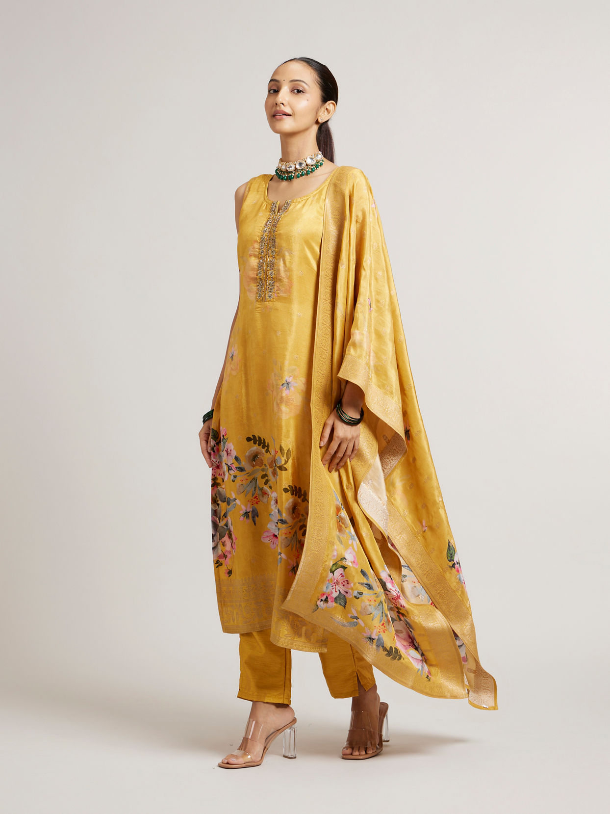 alt message - Mohey Women Mustard Yellow Floral Printed Stitched Suit Set with Sequin & Zari Work image number 2