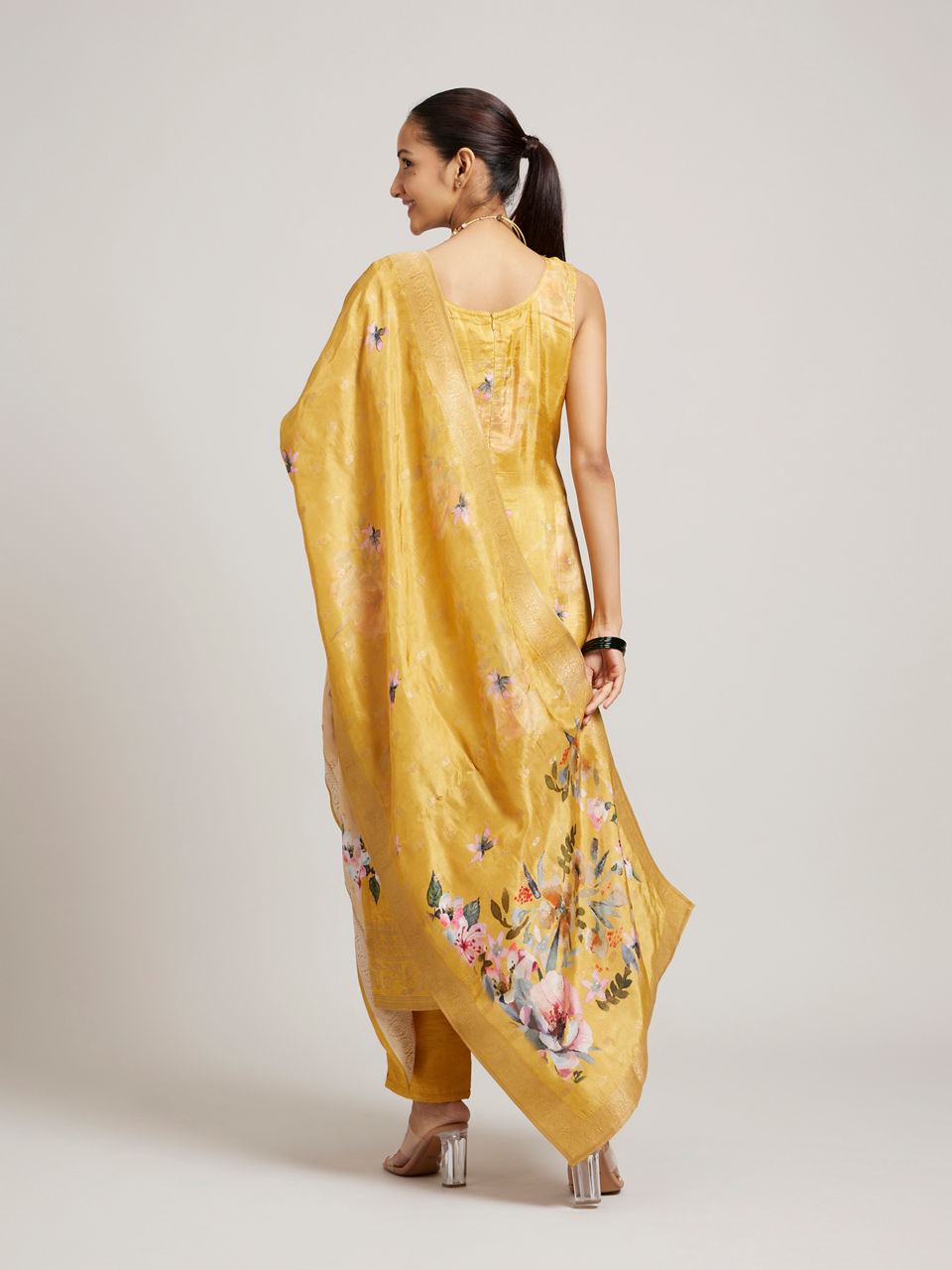 Mohey Women Mustard Yellow Floral Printed Straight Suit Set with Sequin & Zari Work