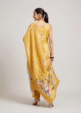 alt message - Mohey Women Mustard Yellow Floral Printed Stitched Suit Set with Sequin & Zari Work image number 4