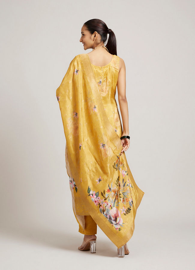 alt message - Mohey Women Mustard Yellow Floral Printed Stitched Suit Set with Sequin & Zari Work image number 4