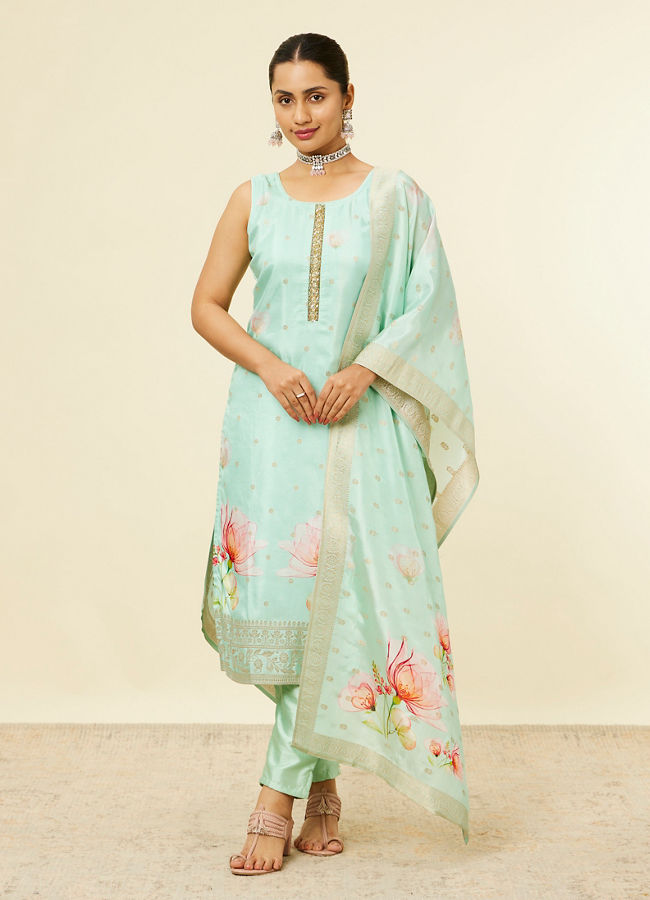 Mohey Women Sea Green Floral Printed Straight Suit