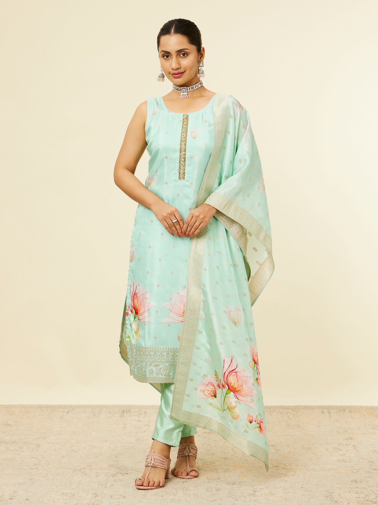 alt message - Mohey Women Sea Green Floral Printed Stitched Suit image number 0