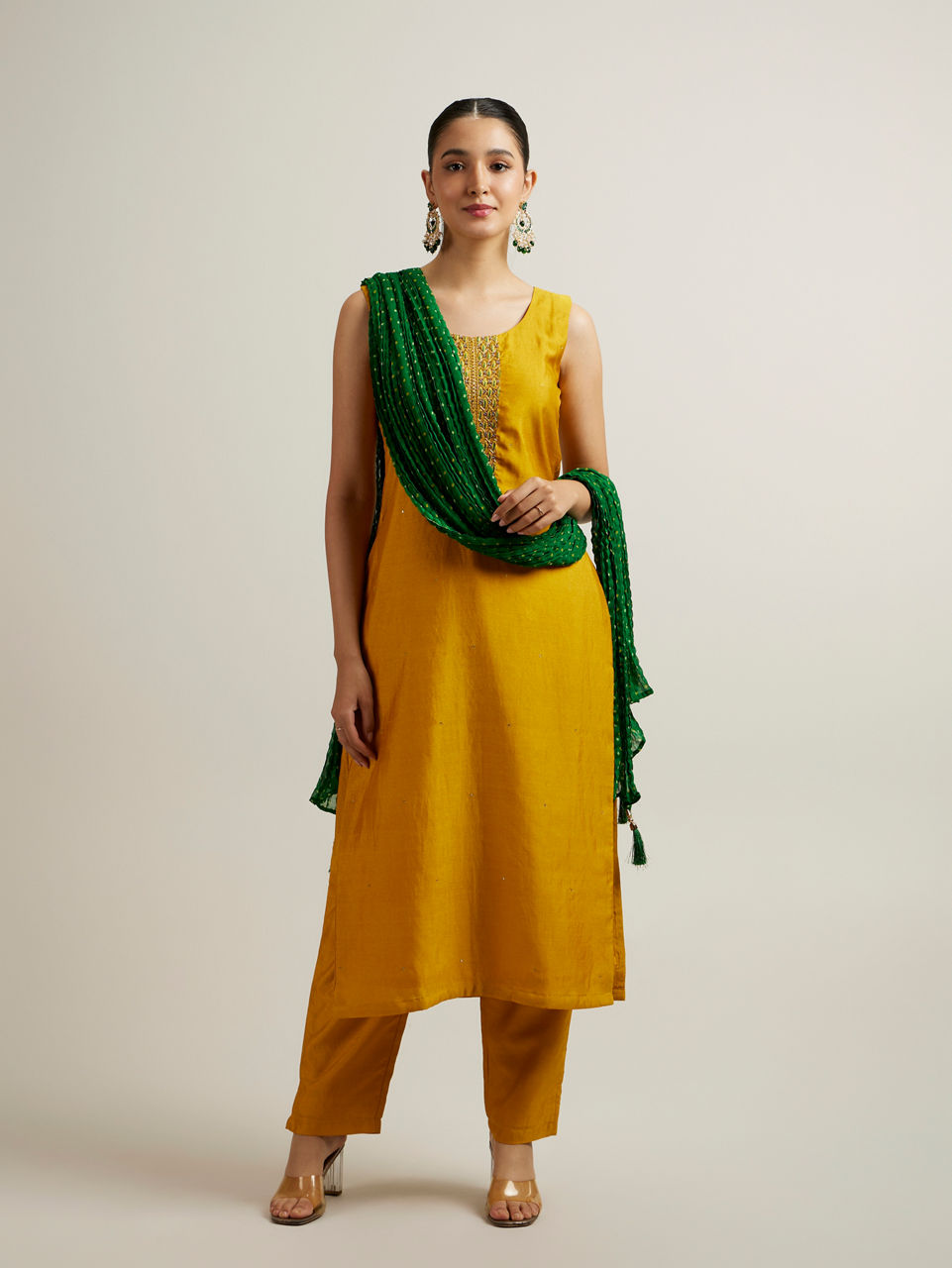 Mohey Women Mustard Yellow Stone Embellished Straight Suit