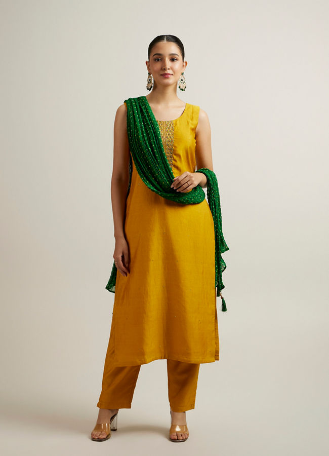 Mohey Women Mustard Yellow Stone Embellished Straight Suit