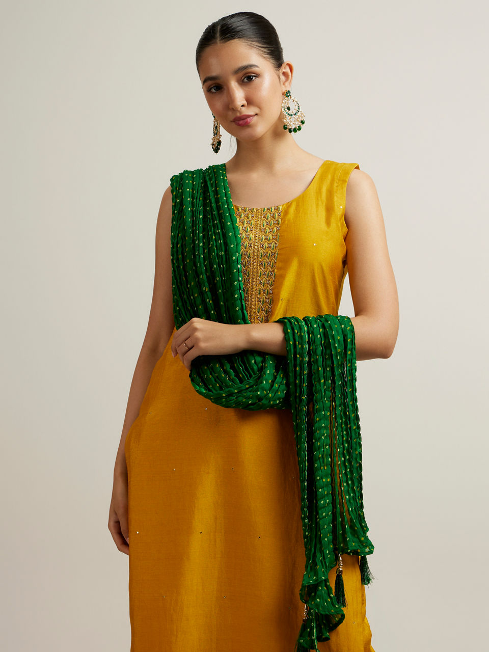 Mohey Women Mustard Yellow Stone Embellished Straight Suit