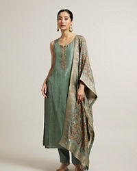 Mohey Women Pista Green Floral Embroidered Straight Suit with Rhinestones