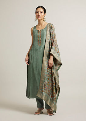 Mohey Women Pista Green Floral Embroidered Straight Suit with Rhinestones